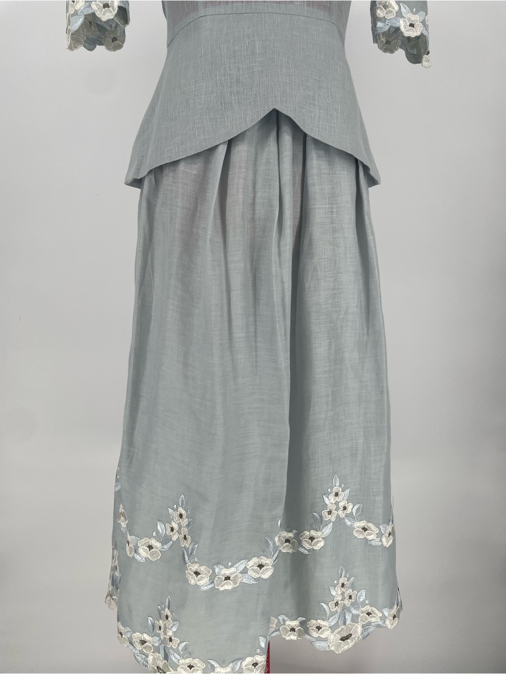 100% Linen 80s Slate Gray Blue 2 Piece Skirt Set Cottagecore Floral Embroidery - Picture 10 of 14